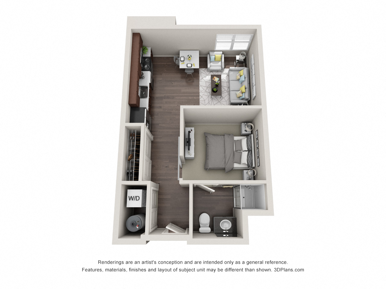 Floor plan for 1 bed, 1 bath, 501 sqft